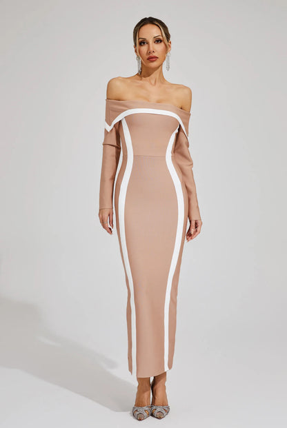 Off shoulder apricot&white maxi dress