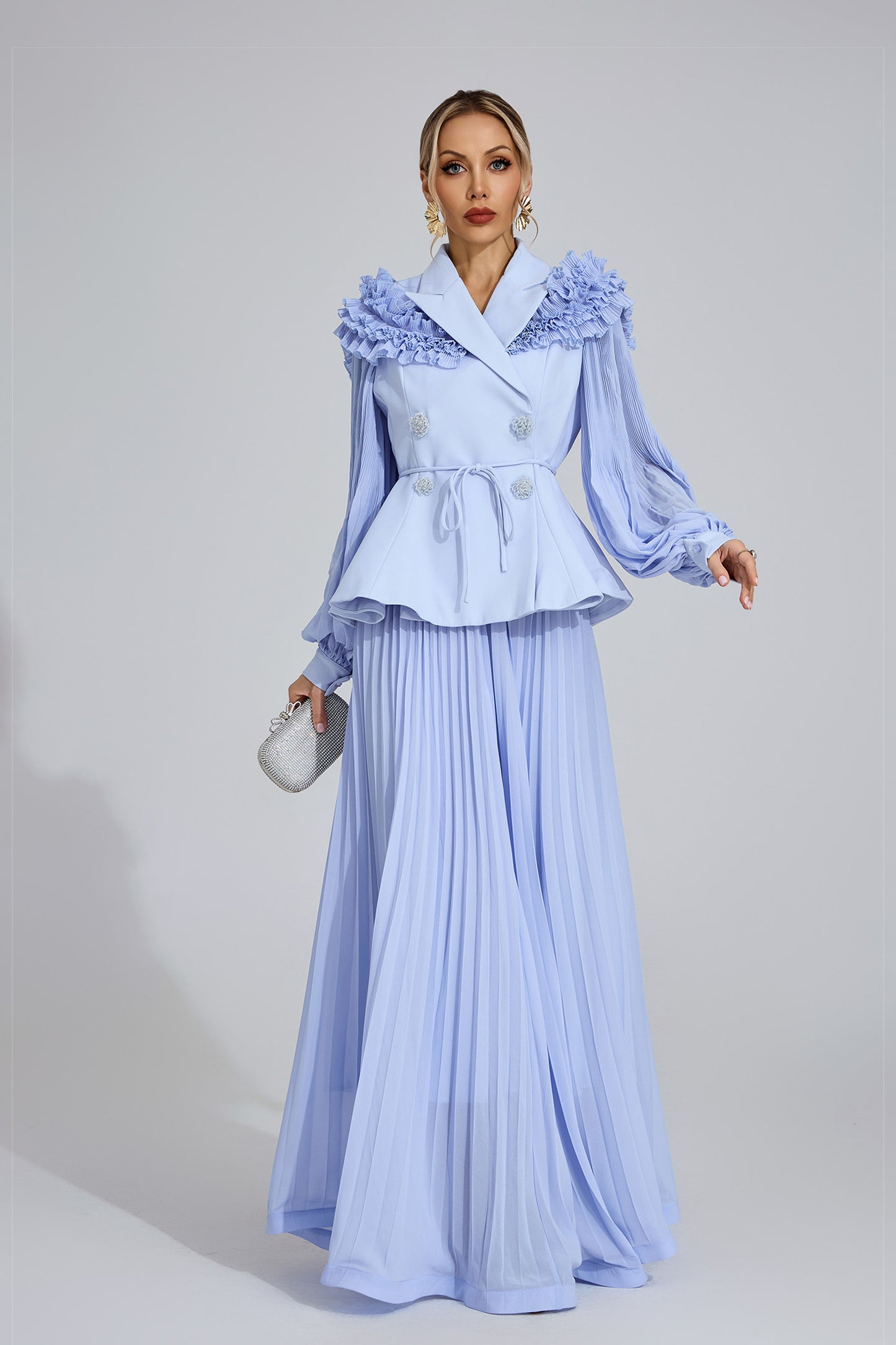 Ruffle-Shoulder Pleated Set