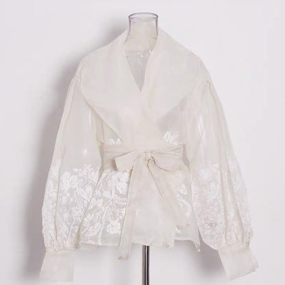 Semi Sheer Embroidered Wrap Blouse – Ivory