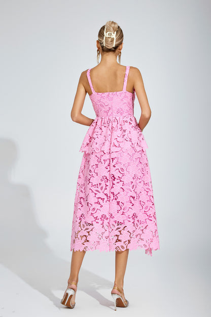 Amélie Pink Lace Peplum Midi Dress