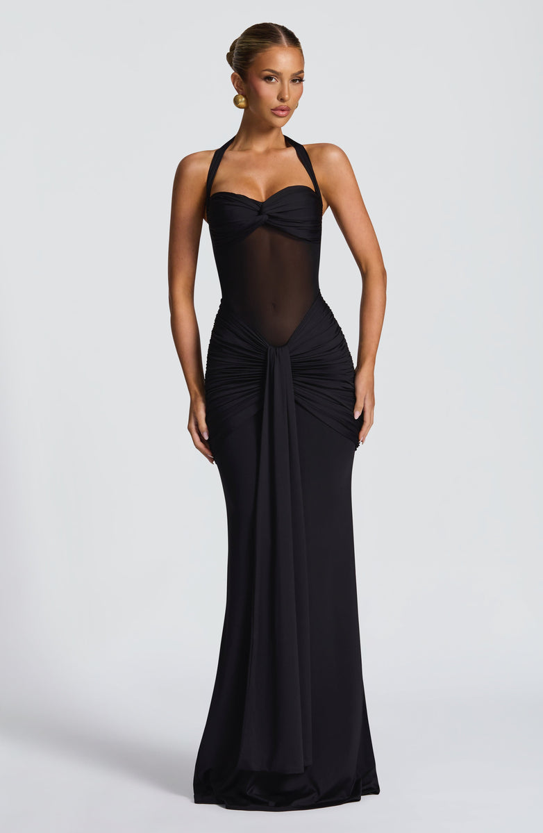 Soleil Illusion Draped Halter Gown