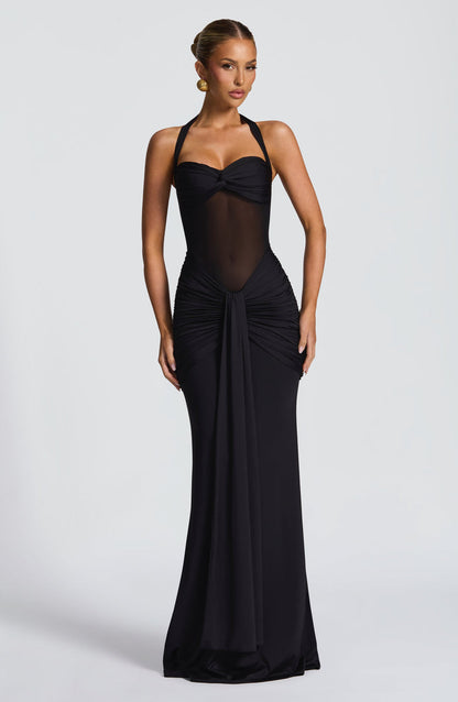 Soleil Illusion Draped Halter Gown