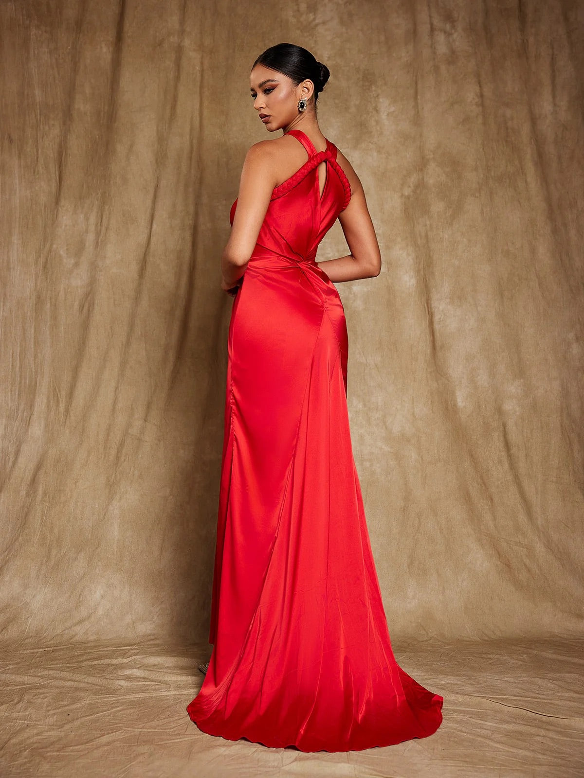 Halterneck satin red maxi dress