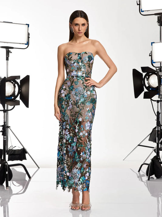 Leanna green/blue flower midi dress