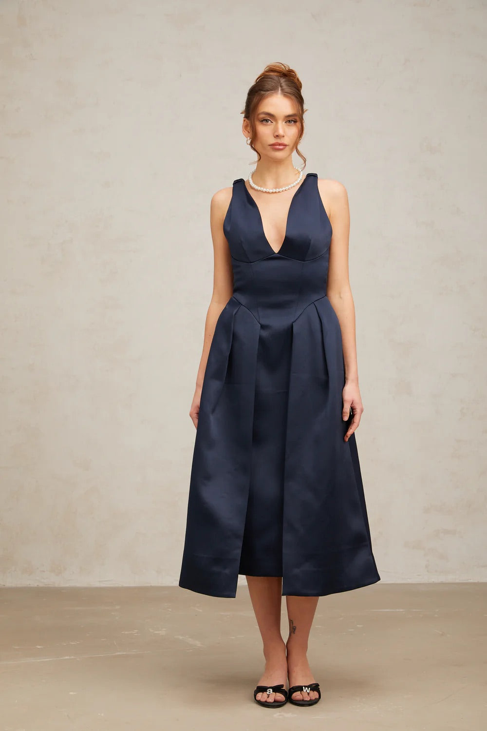 Dark blue satin midi dress