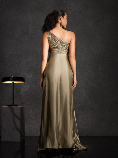 Olive One-Shoulder Satin Gown