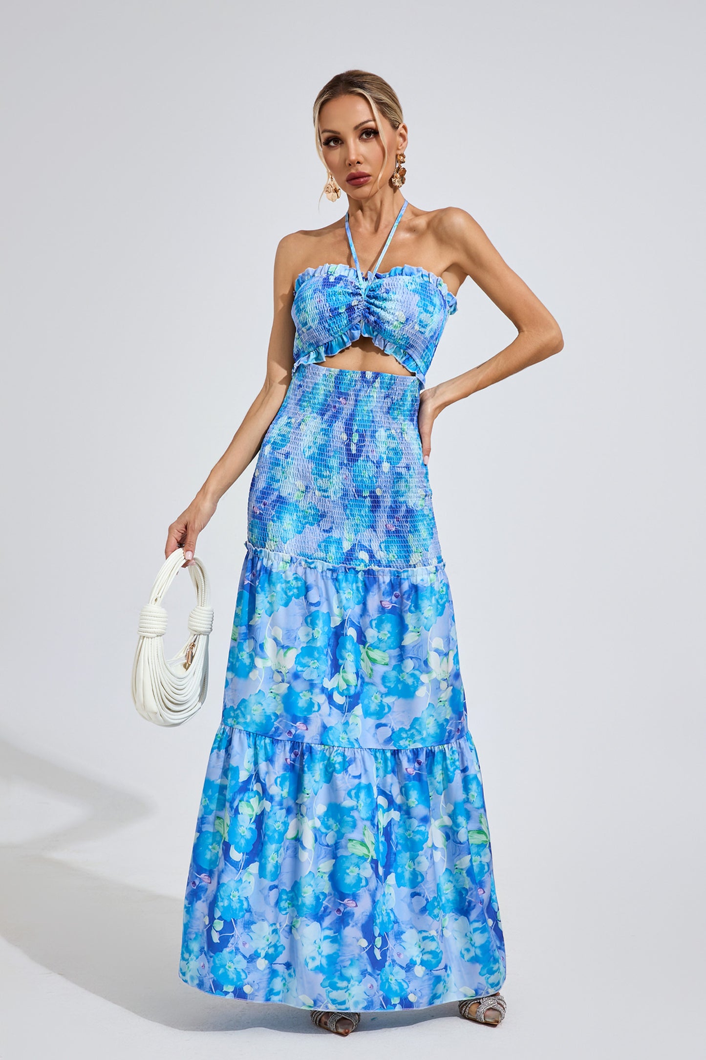 Azure Bloom Smocked Maxi Dress
