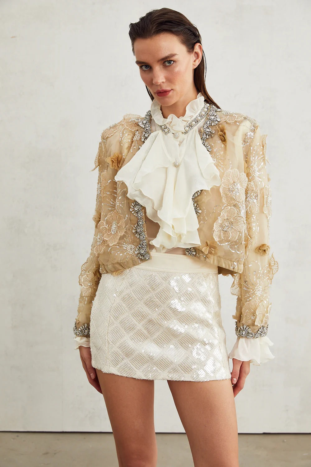 SEMI-SHEER FLOWER BEADED ORGANZA LIGHT LUXURY JACKET