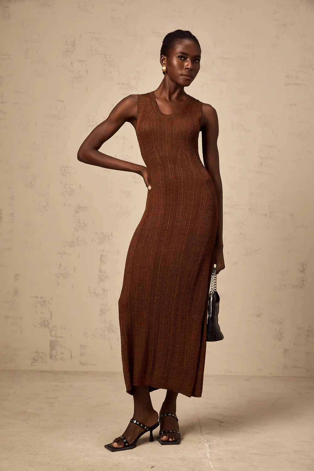 Ribbed Knit brown midi dress