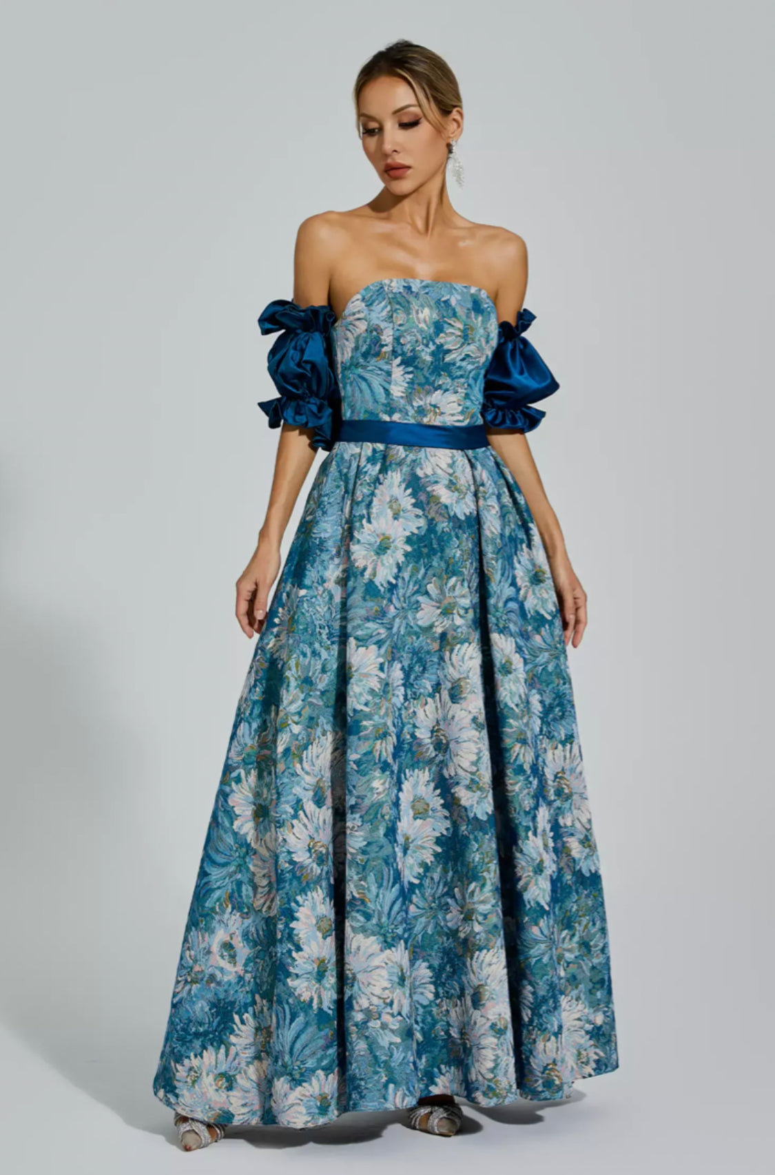 Samia flower off shoulder blue maxi dress