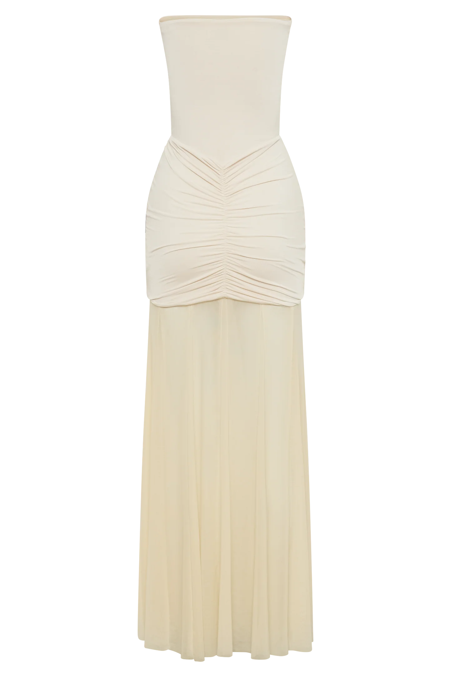 Nude Beige Sheer Ruched Strapless Gown