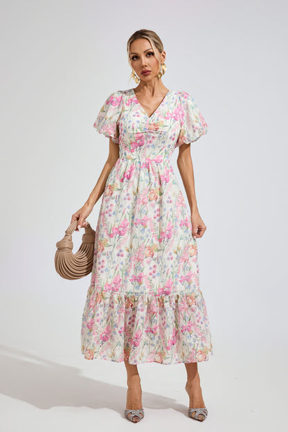 Fleur Meadow Puff Sleeve maxi Dress