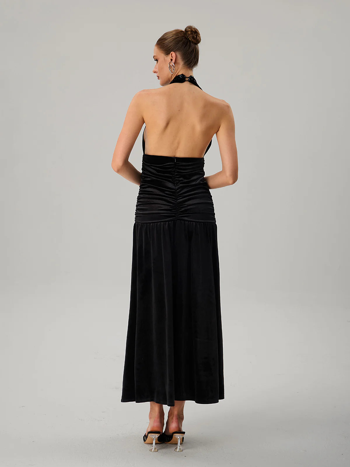 Black Halter Ruched Maxi Dress