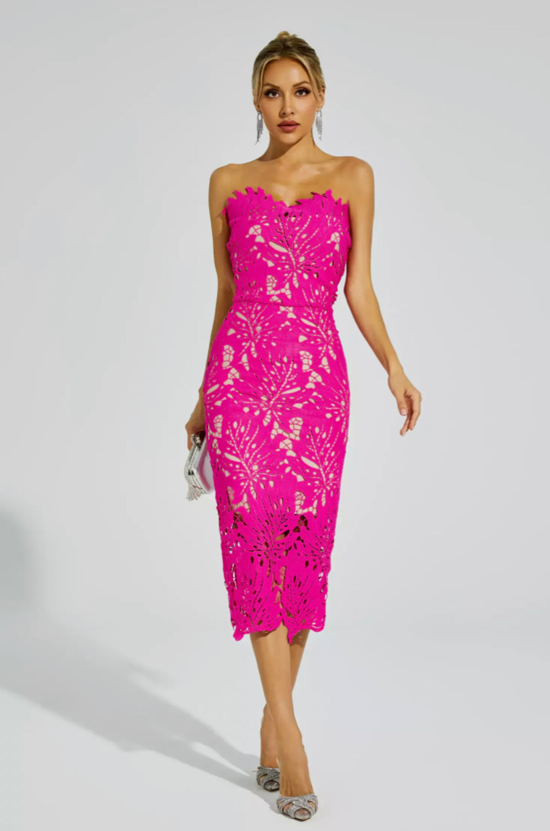 Jazlyn pink lace midi dress