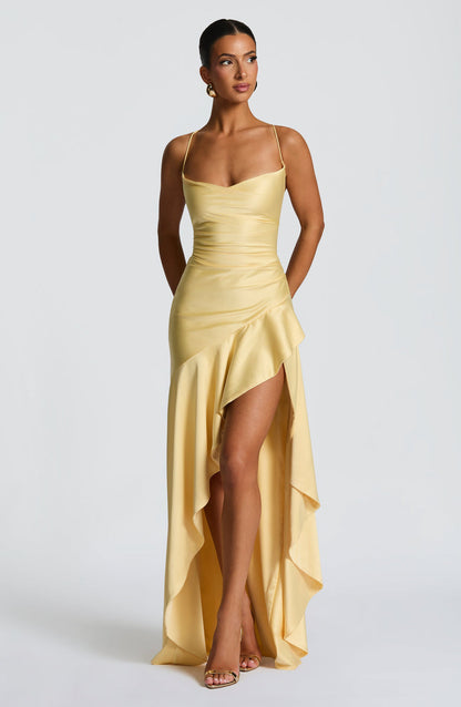 Soleil Draped High-Low Satin Gown