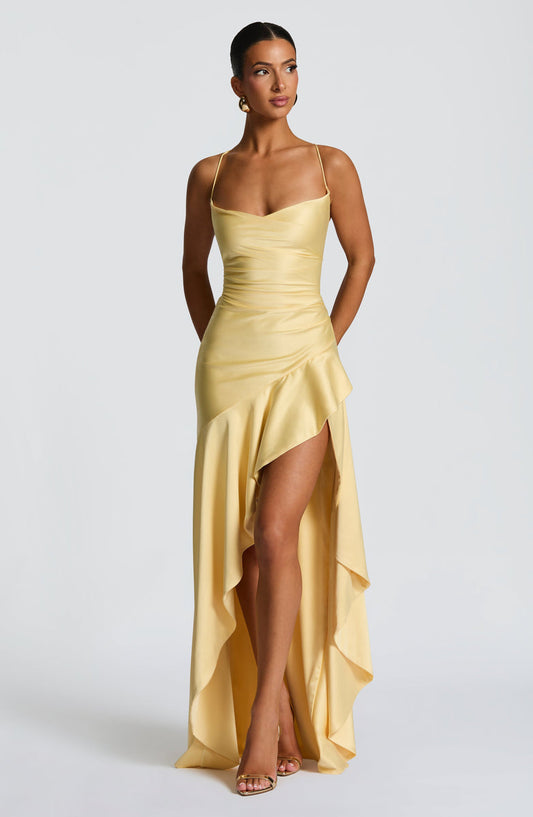Soleil Draped High-Low Satin Gown