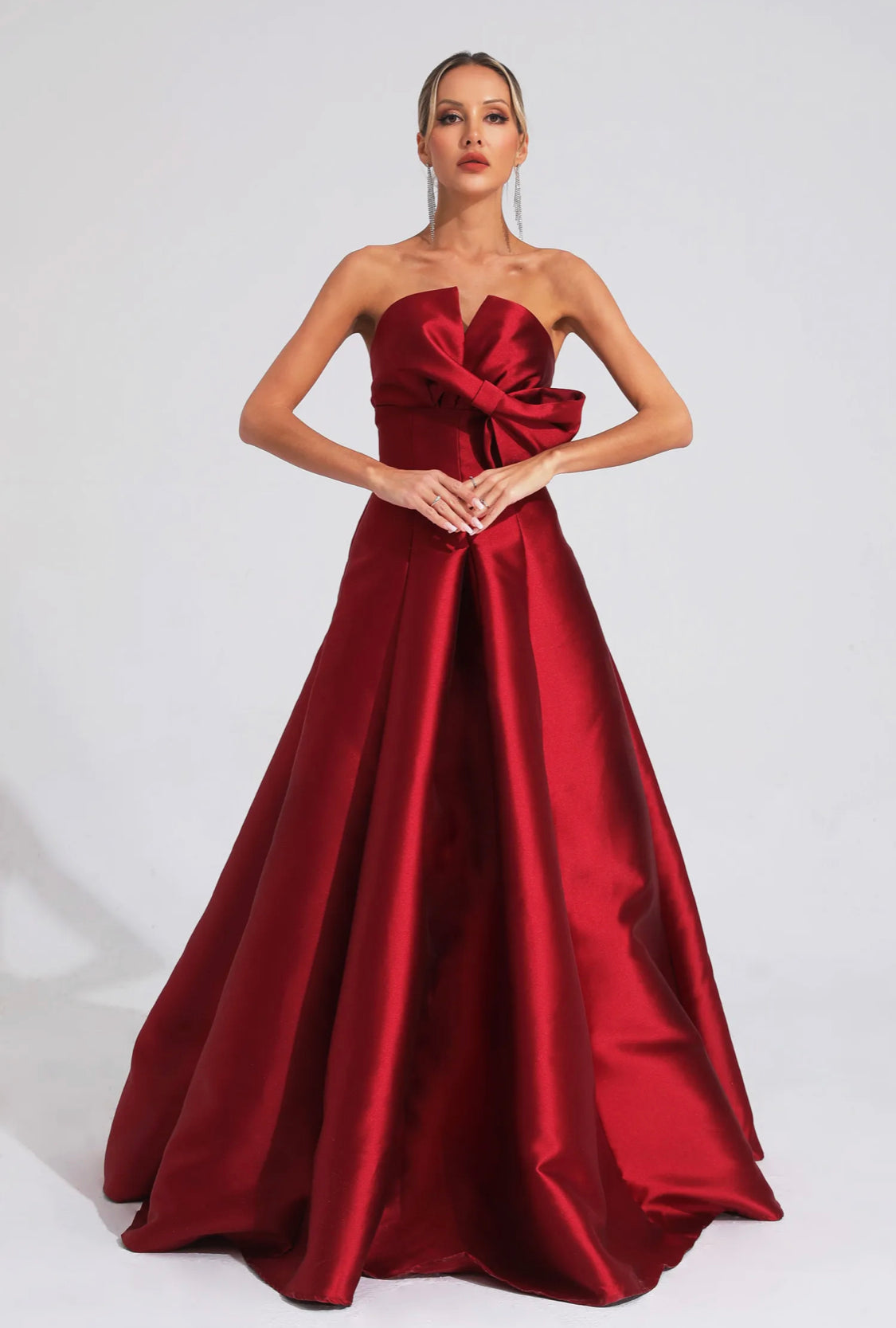 Bow satin red maxi dress