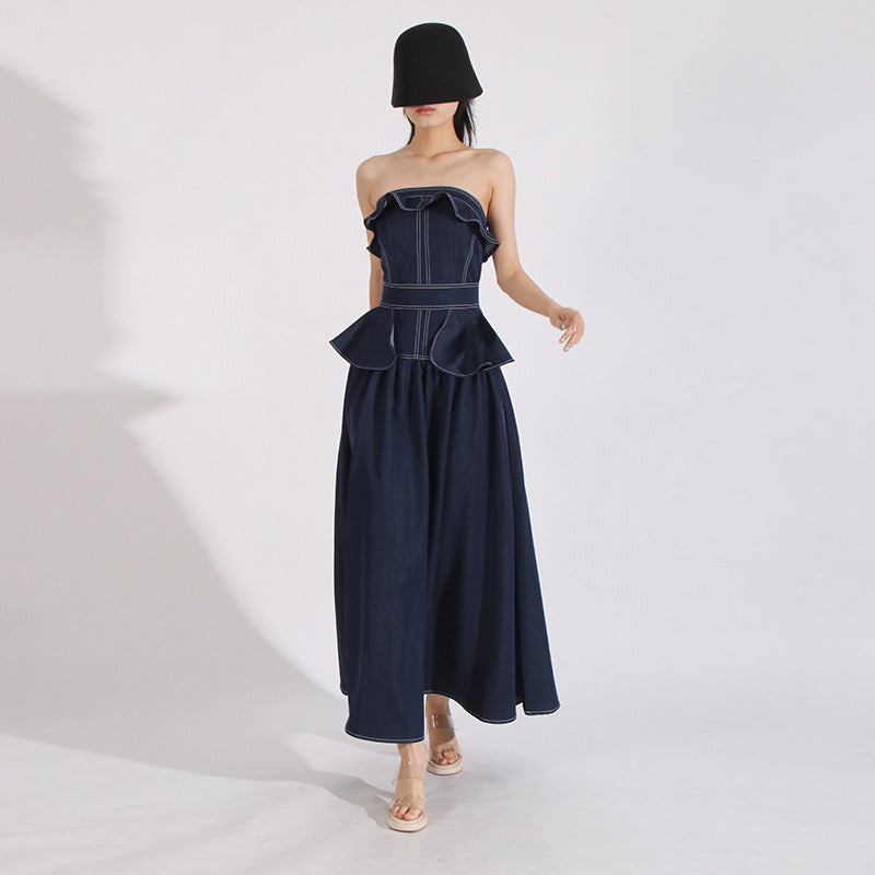 Strapless denim maxi dress