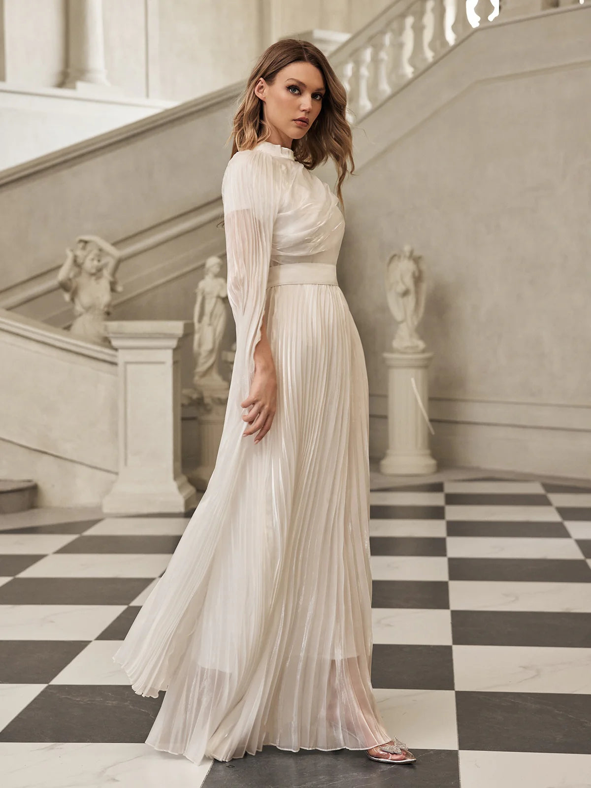 Celeste Pleated Wing-Sleeve Gown