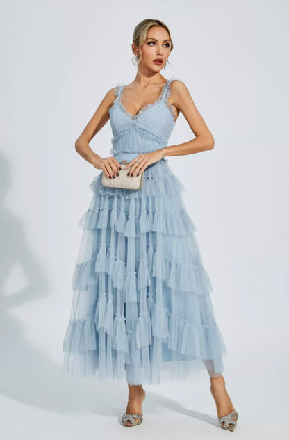 Prie blue mesh maxi dress
