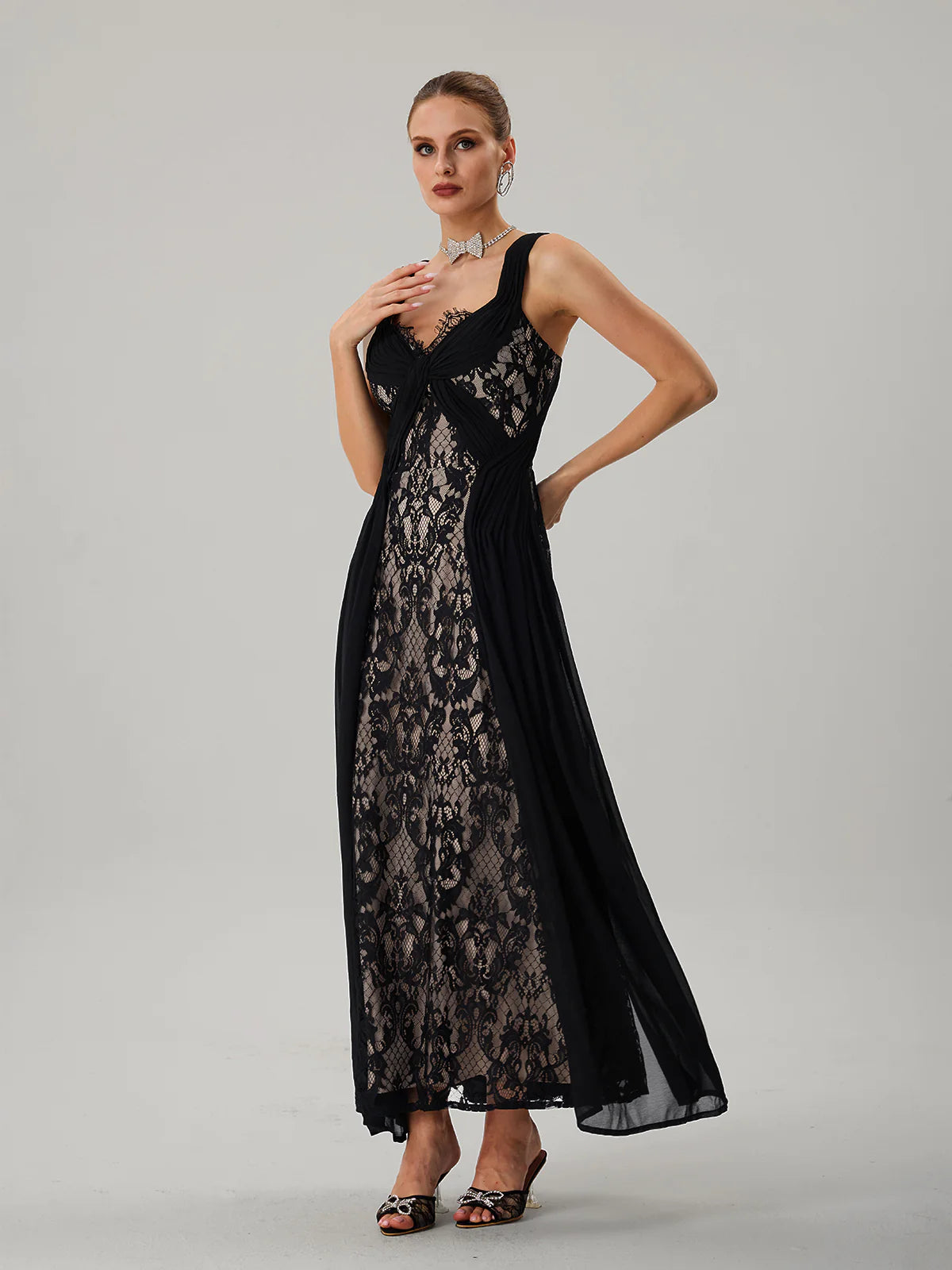 Noir Lace Draped Maxi Dress