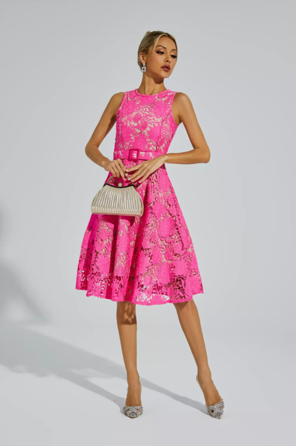 Briana pink belted midi dress