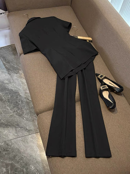 Camélia Flower Blazer Black Suit Set