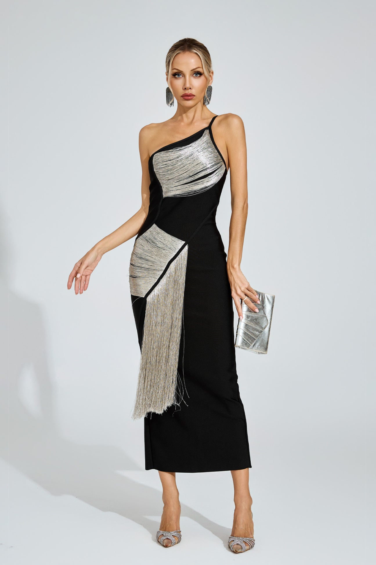 Noir Silver Fringe One-Shoulder Dress