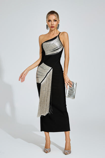 Noir Silver Fringe One-Shoulder Dress
