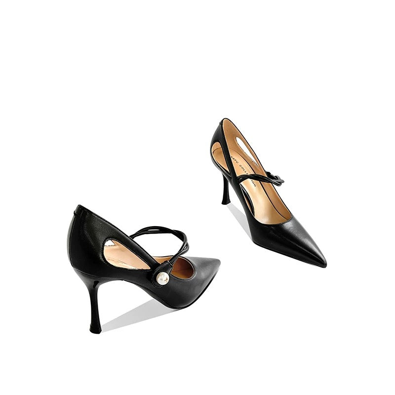 Pearl Detail Black Heels