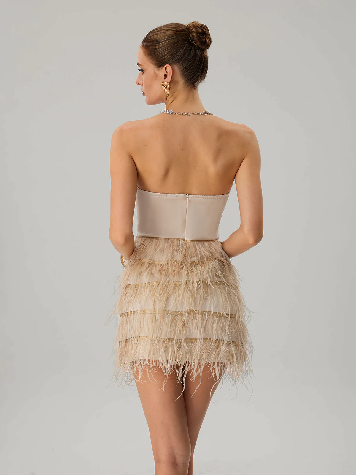 Champagne Feather Embellished Mini Dress