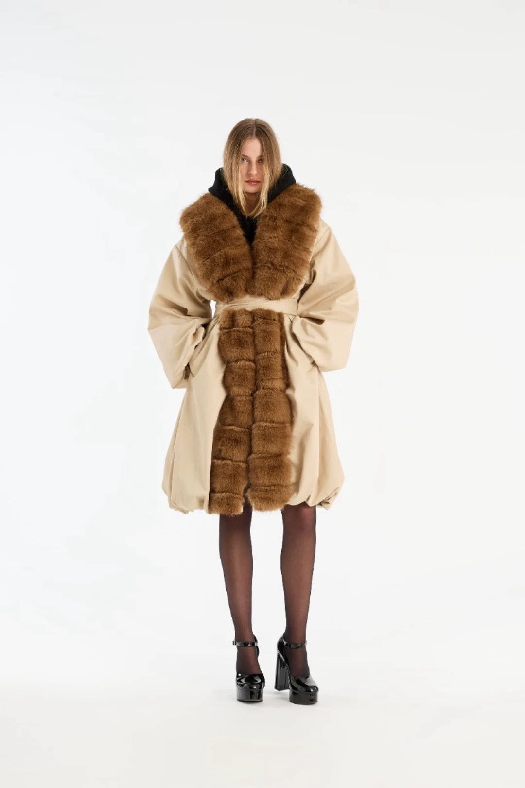 Dominique Faux Fur Balloon Hem Coat