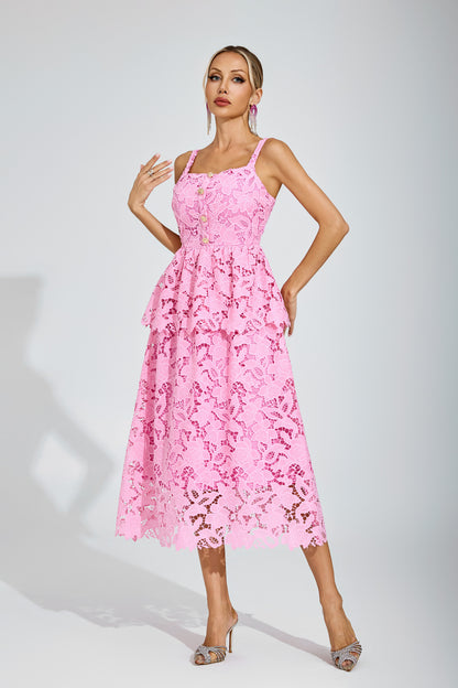 Amélie Pink Lace Peplum Midi Dress