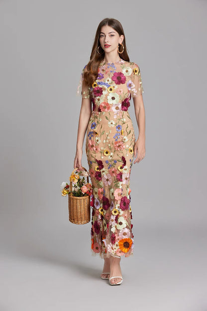 Soleil Bloom Flower Embroidered Midi Dress