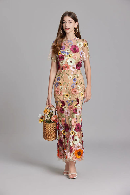 Soleil Bloom Flower Embroidered Midi Dress