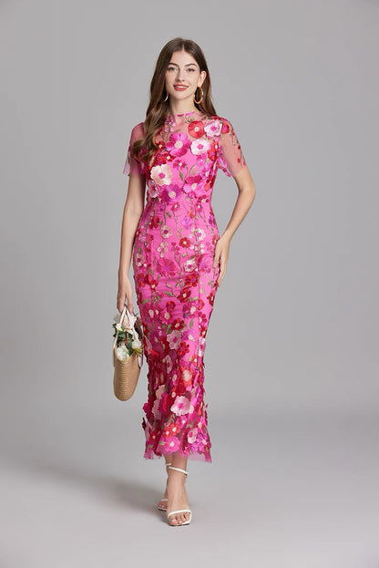 Soleil Bloom Flower Embroidered Midi Dress