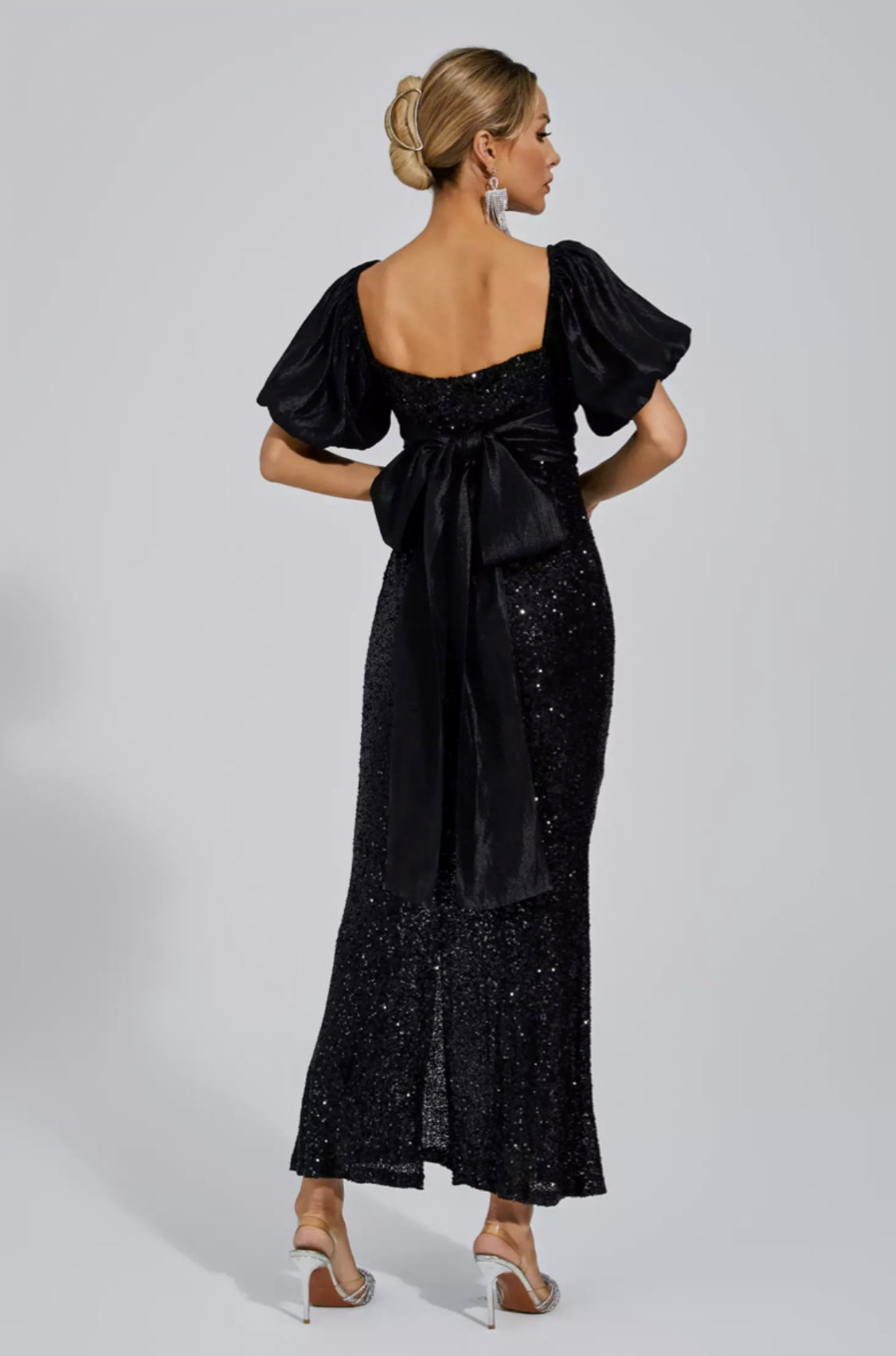 Linda black bow sequin maxi dress