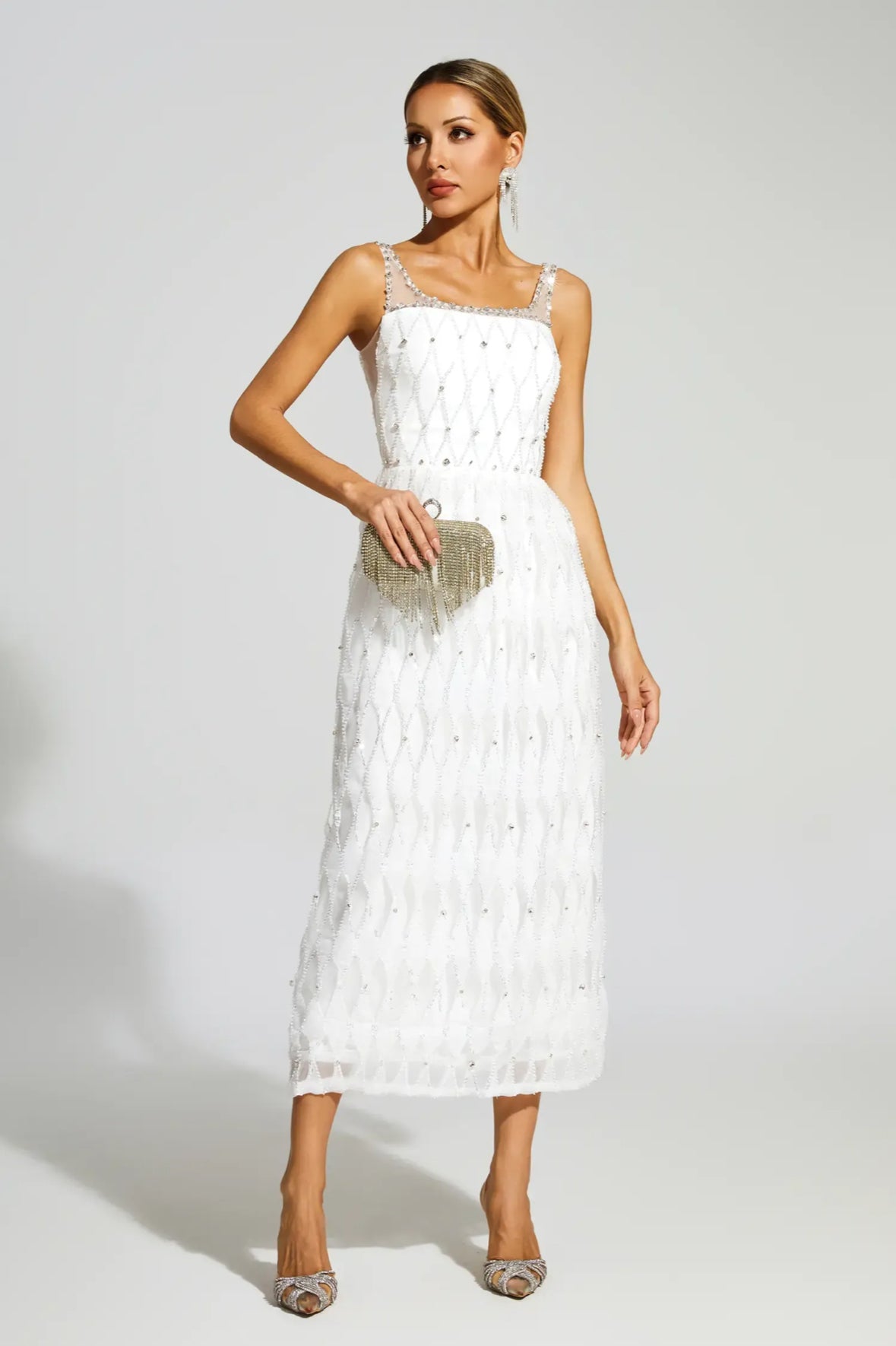 Crystal beads embellished white maxi dress