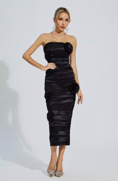 Mavis black flower midi dress