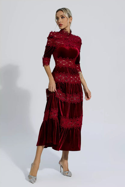 Red velvet flare maxi dress