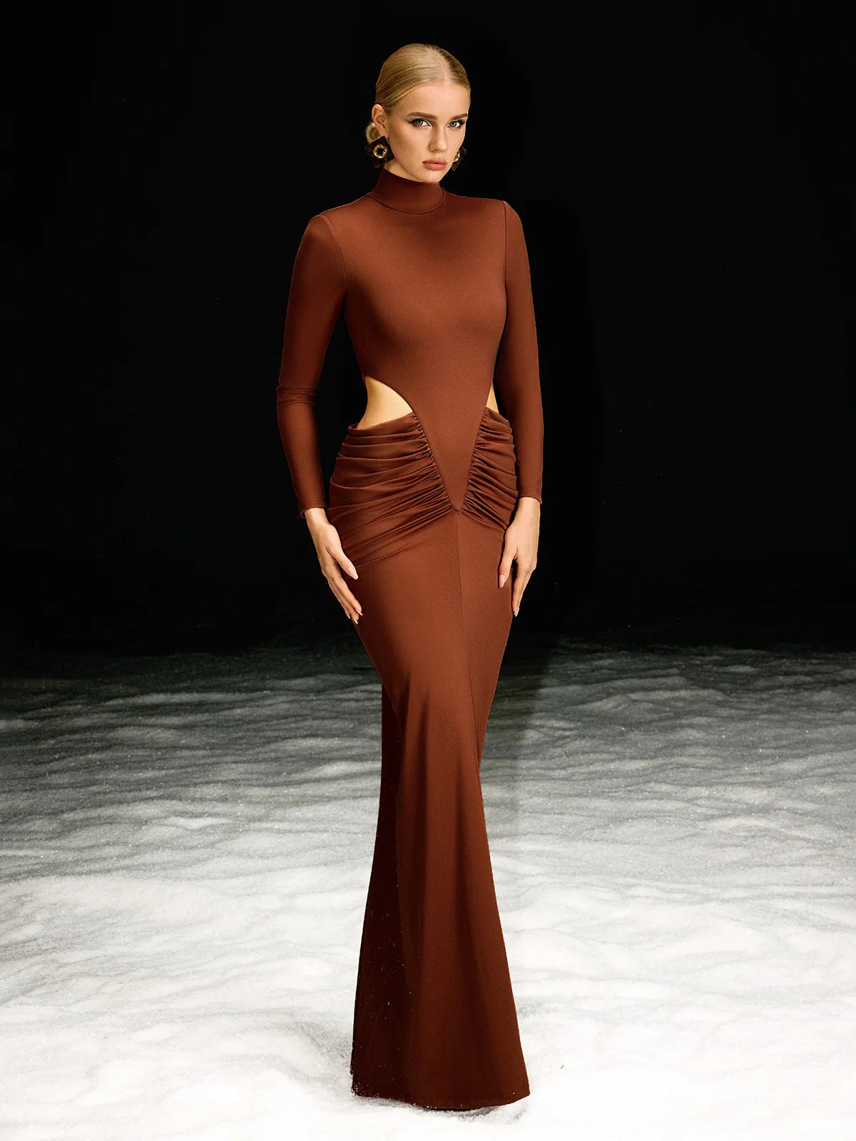 Chocolate Sculpted Cut-Out Long Sleeve Gown