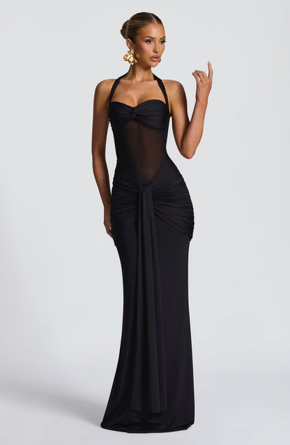 Soleil Illusion Draped Halter Gown