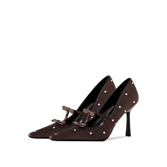 Brown Dot Bow-Accent Stiletto Pump