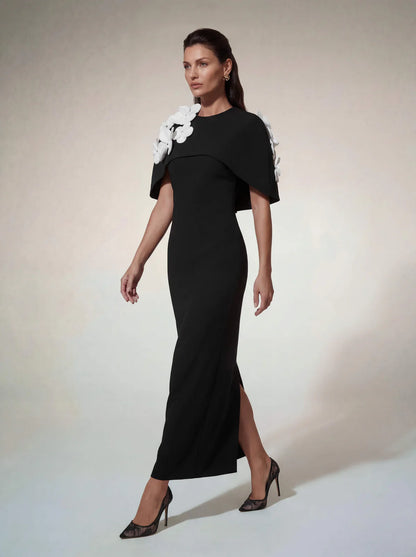 Camellia Flower Cape Maxi Dress