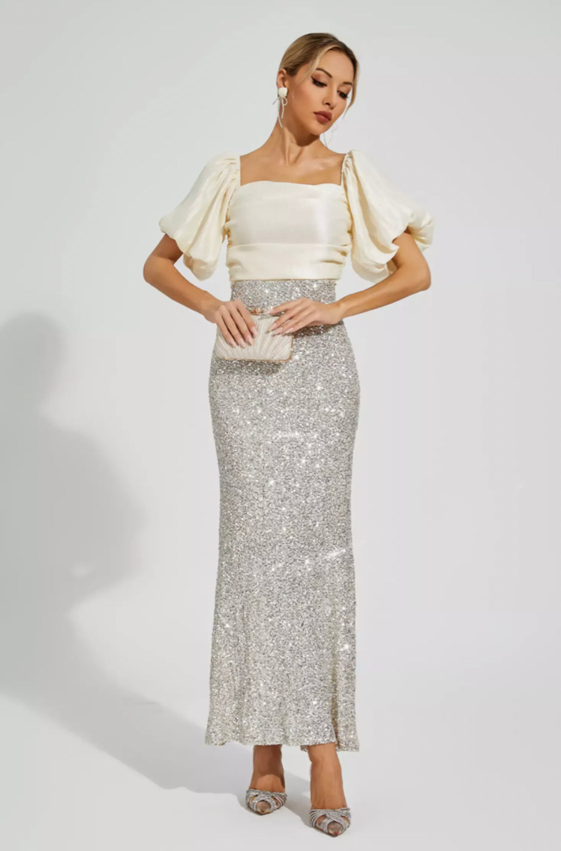 Linda apricot bow sequin maxi dress