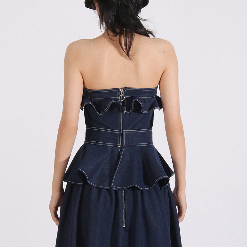 Strapless denim maxi dress