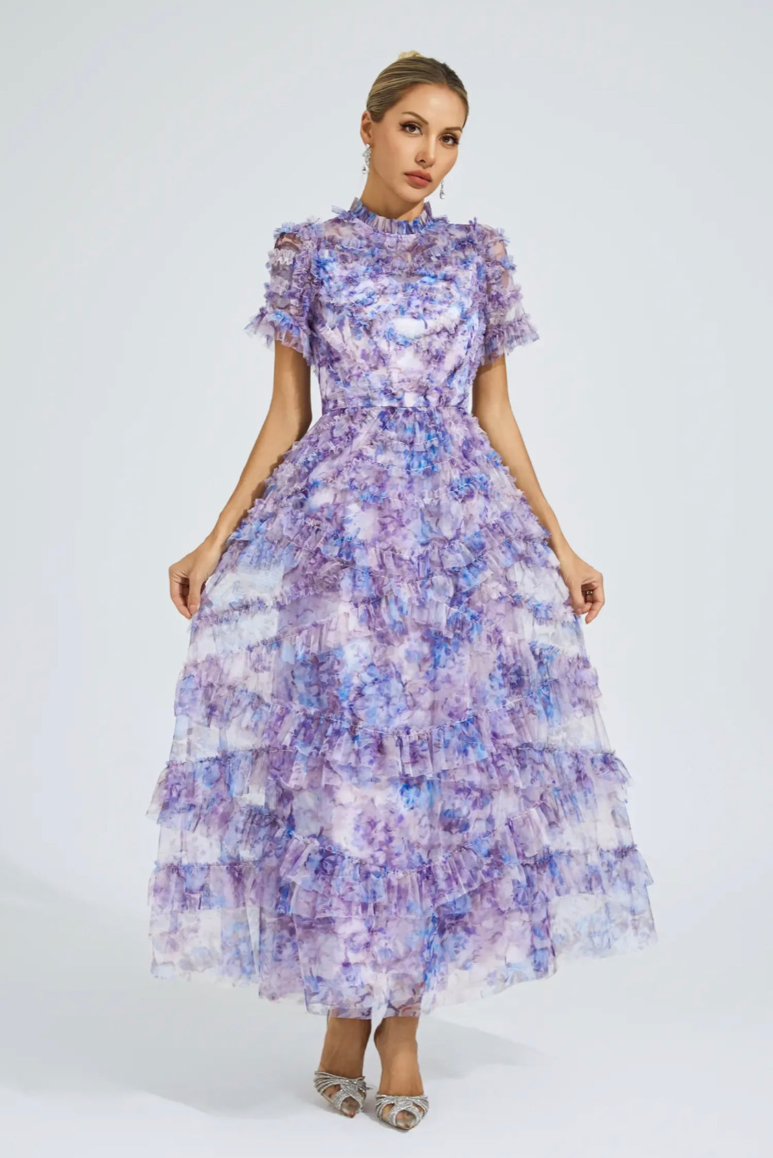 Floral purple short sleeves mesh midi dress (Preorder)