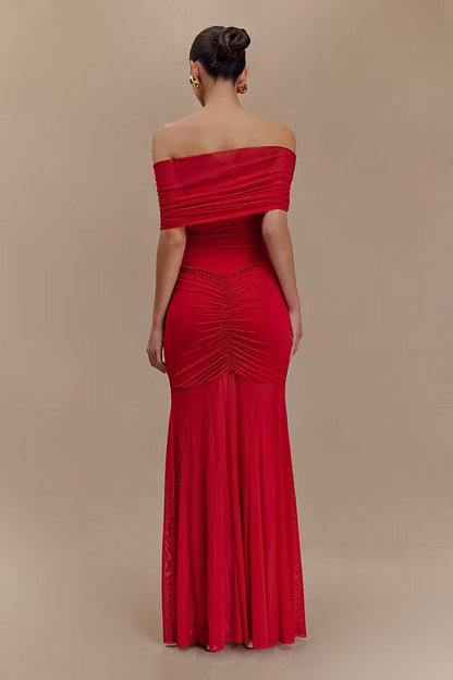 Red Sheer Ruched Strapless Gown
