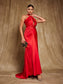 Halterneck satin red maxi dress