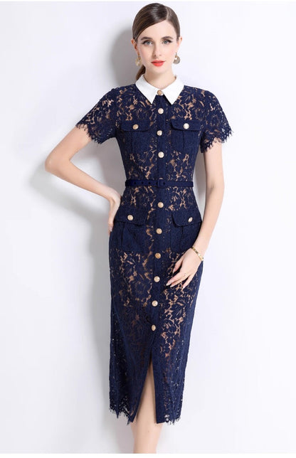 Guxi Navy Lace Collar Dress